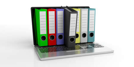 Colorful ring binders out of a laptop screen on white background. 3d illustrationの写真素材