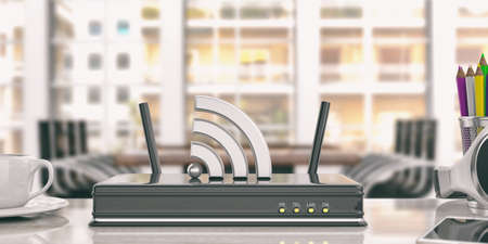 Black wifi router in an office background. 3d illustrationの写真素材