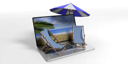 Dreaming summer vacation. Beach chairs and umbrella on a laptop -  white background. 3d illustration