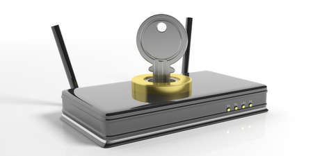 Black wifi router and keylock isolated on white background. 3d illustration