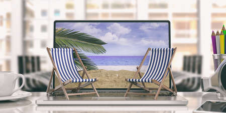 Dreaming summer vacation. Beach chairs on a computer - office background. 3d illustrationの写真素材