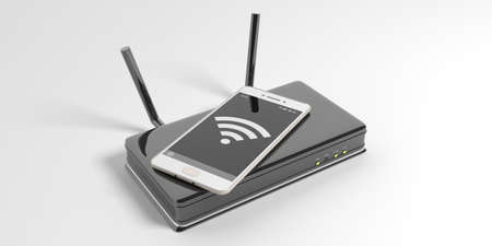 Wifi router and a smartphone isolated on white background. 3d illustrationの写真素材
