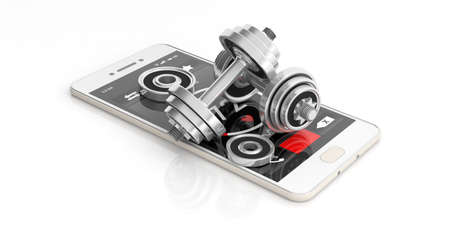 Dumbbells weights and a smartphone isolated on white background. 3d illustrationの写真素材