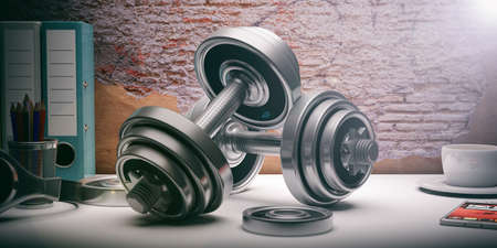 Dumbbells weights on a desk - brickwall background. 3d illustrationの写真素材
