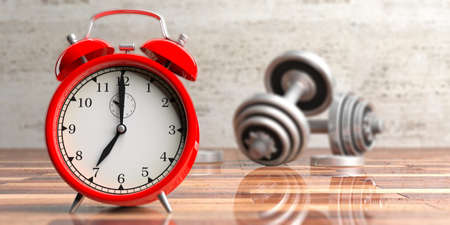 Time for fitness. Dumbbells weights on wooden background. 3d illustrationの写真素材