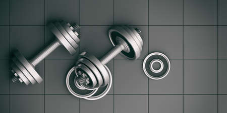Dumbbells weights on tiles background. 3d illustrationの写真素材