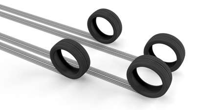 Automobile concept. Car tires and tracks on white background. 3d illustrationの写真素材
