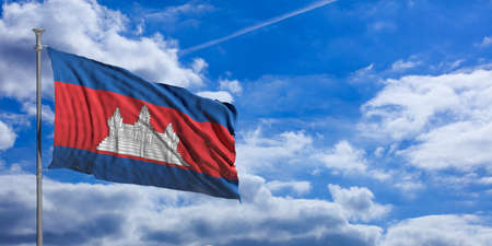 Cambodia flag waving on a blue sky background. 3d illustrationの写真素材