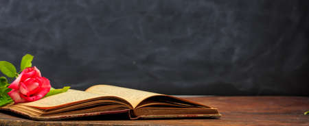Vintage book and rose on blackboard background - copy spaceの写真素材