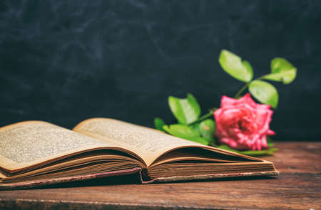 Vintage book and rose on blackboard background - copy spaceの写真素材
