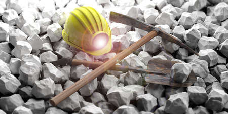 Miner's helmet, pickaxe and shovel isolated on white stones background. 3d illustration