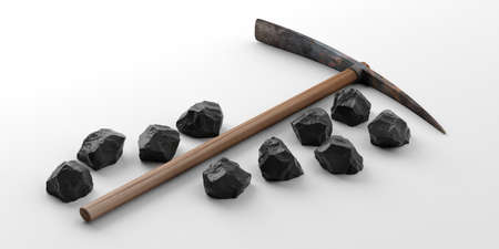 Pickaxe and black rocks isolated on white background. 3d illustrationの写真素材