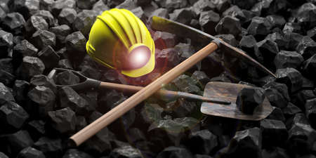 Miner's helmet, pickaxe and shovel isolated on black stones background. 3d illustrationの写真素材