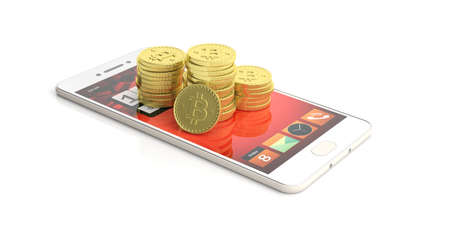 Bitcoins stack on a mobile phone - white background. 3d illustrationの写真素材