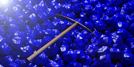 Pickaxe on blue rocks background. 3d illustration