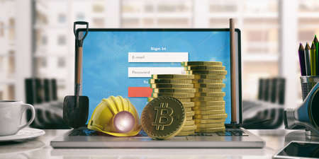 Bitcoins stack and miner's equipment on a laptop - office background. 3d illustrationの写真素材
