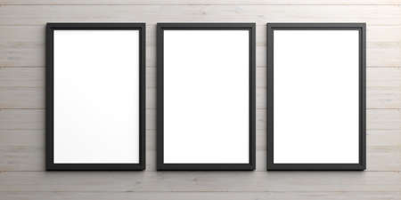 Black empty frames on wooden background. 3d illustration