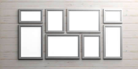 Silver empty frames on wooden background. 3d illustrationの写真素材