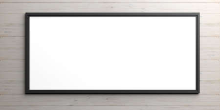 Black empty frame on wooden background. 3d illustrationの写真素材