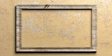 Wooden frame on plastered wall background. 3d illustration