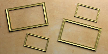 Golden frames on plastered wall background. 3d illustration