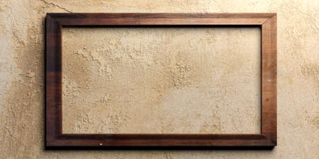 Wooden frame on plastered wall background. 3d illustrationの写真素材