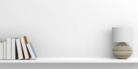 Table lamp and books on white background - copy space. 3d illustrationの写真素材