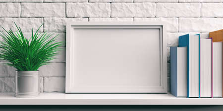 Frame and books on a white shelf - bricks wall background. 3d illustration