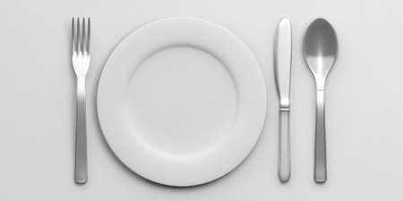 Place Setting with Plate, Knife, Spoon and Fork isolated on white background. 3d illustrationの写真素材