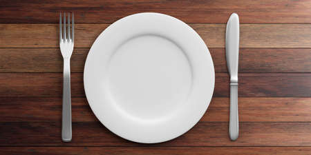 Place Setting with Plate, Knife and Fork isolated on wooden background. 3d illustrationの写真素材