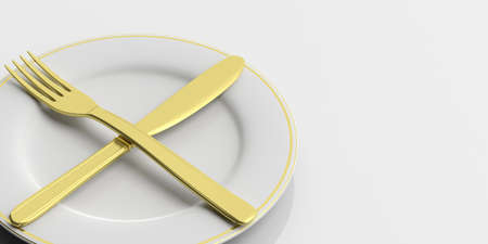 Place Setting, golden cutlery, second plate signal, on white background. 3d illustrationの写真素材