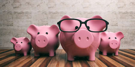 Piggy banks family on wooden floor and marble wall background. 3d illustration