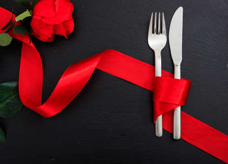 Valentines day table setting on black backgroundの写真素材