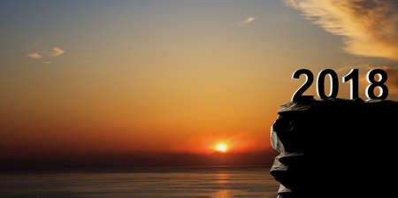 New year 2018 on sea background at sunset. 3d illustrationの写真素材
