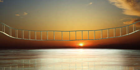 Bridge on calm blue sea and sky background at sunset. 3d illustrationの写真素材