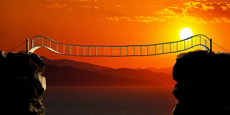 Bridge on calm blue sea and sky background at sunset. 3d illustrationの写真素材