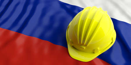 Yellow construction hat over Russia flag. 3d illustrationの写真素材
