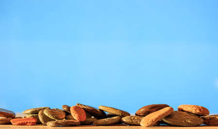Zen stepping stones on blue background with copy spaceの写真素材