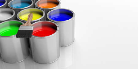 Paint cans and paint brush on white background, 3d illustrationの写真素材