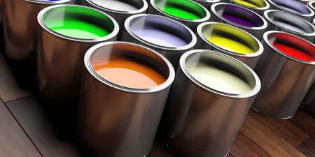 Colorful paint pots on wooden floor, 3d illustrationの写真素材