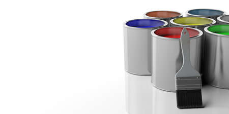 Paint cans and paint brush on white background, 3d illustrationの写真素材
