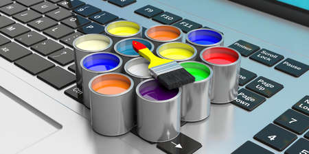 Paint cans and paint brush on a computer, 3d illustrationの写真素材