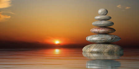 Zen stones stack on water st sunset. 3d illustrationの写真素材