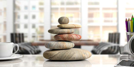 Relaxation at the office. Zen stones stack on an office desk. 3d illustrationの写真素材
