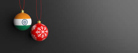 India flag on a christmas ball on black background. 3d illustrationの写真素材