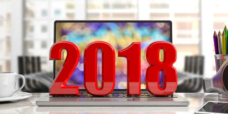 New year 2018 on a computer, office background. 3d illustration