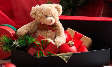 Christmas decoration, teddy bear in a boxの写真素材