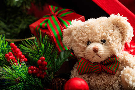 Christmas decoration, festive teddy bear and giftsの写真素材
