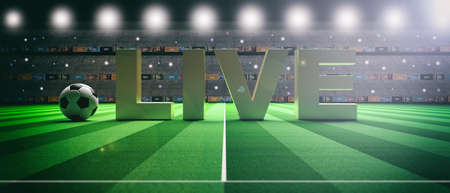Word LIVE on a soccer football field background. 3d illustrationの写真素材
