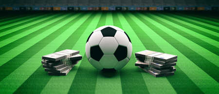 Soccer football ball and banknotes on an illumunated field grass background. 3d illustrationの写真素材